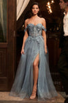 Prom Dresses A Line Long Formal Slit Corset Prom Gown Smoky Blue