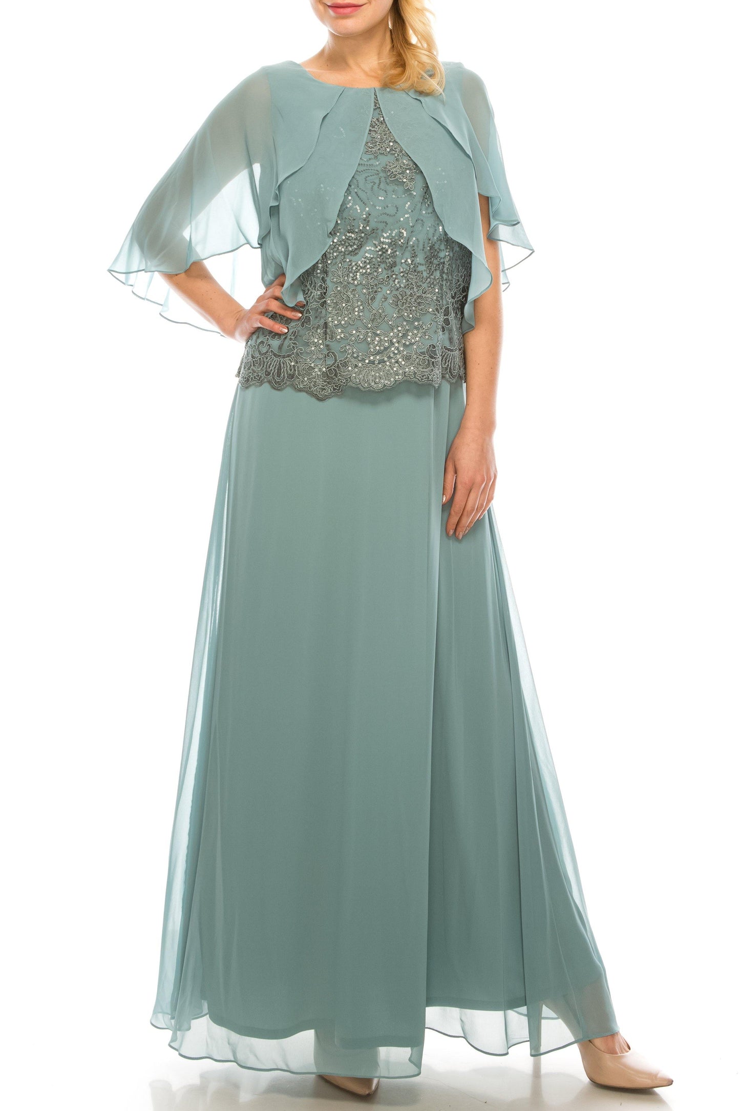 Le Bos Long Formal Evening Cape Chiffon Dress - The Dress Outlet
