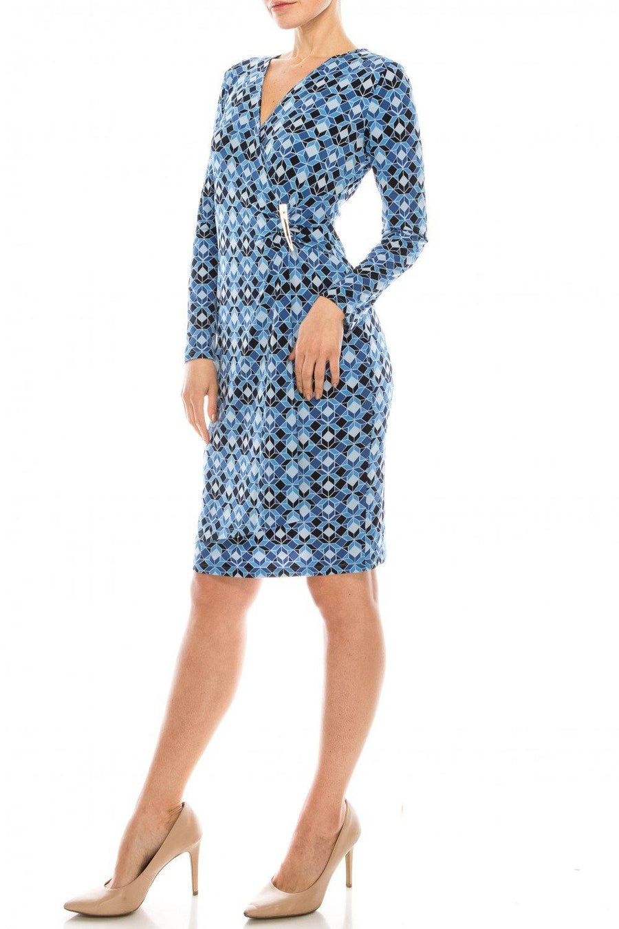 London Times Geometric Faux Wrap Dress with Silver Waist Detail - The Dress Outlet