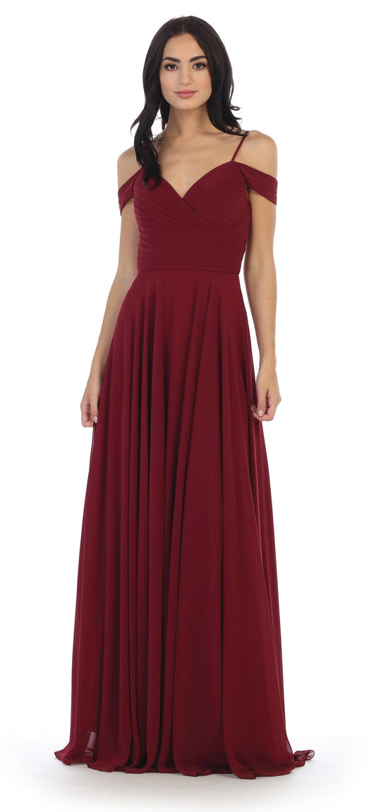 Long Bridesmaids Pleated Off Shoulder Chiffon Gown - The Dress Outlet
