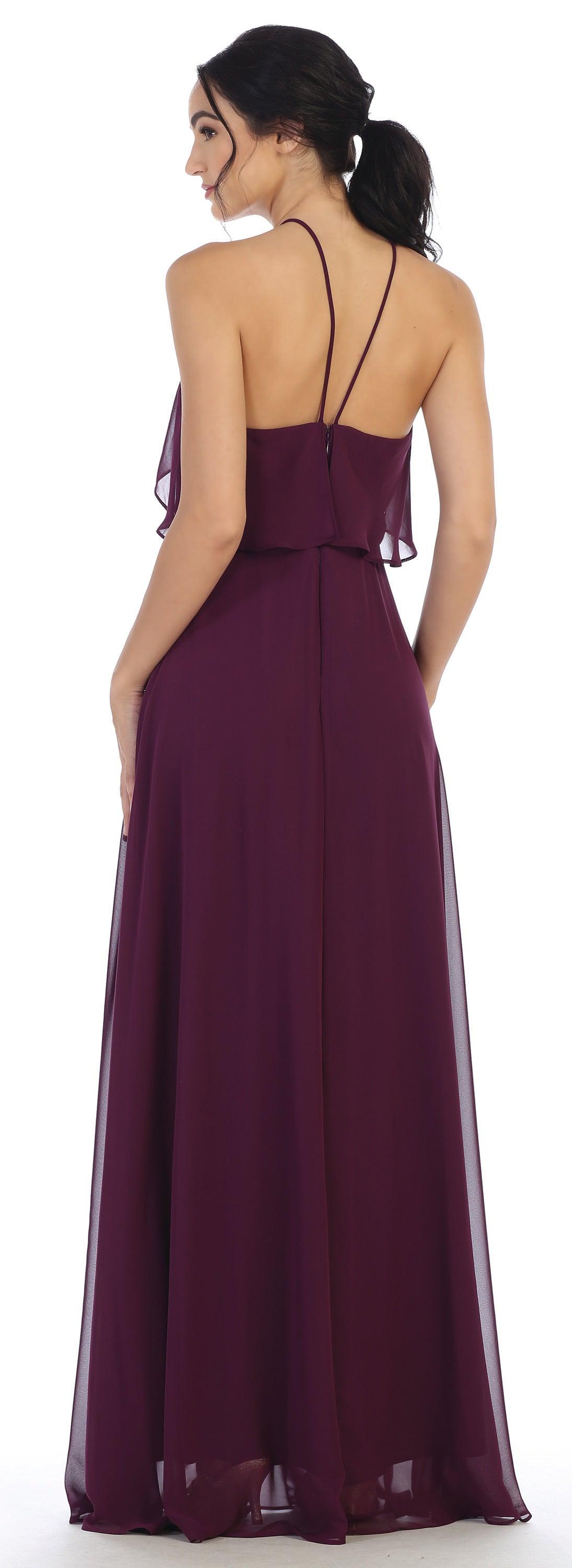 Long Bridesmaids Ruffle Halter Chiffon Dress - The Dress Outlet