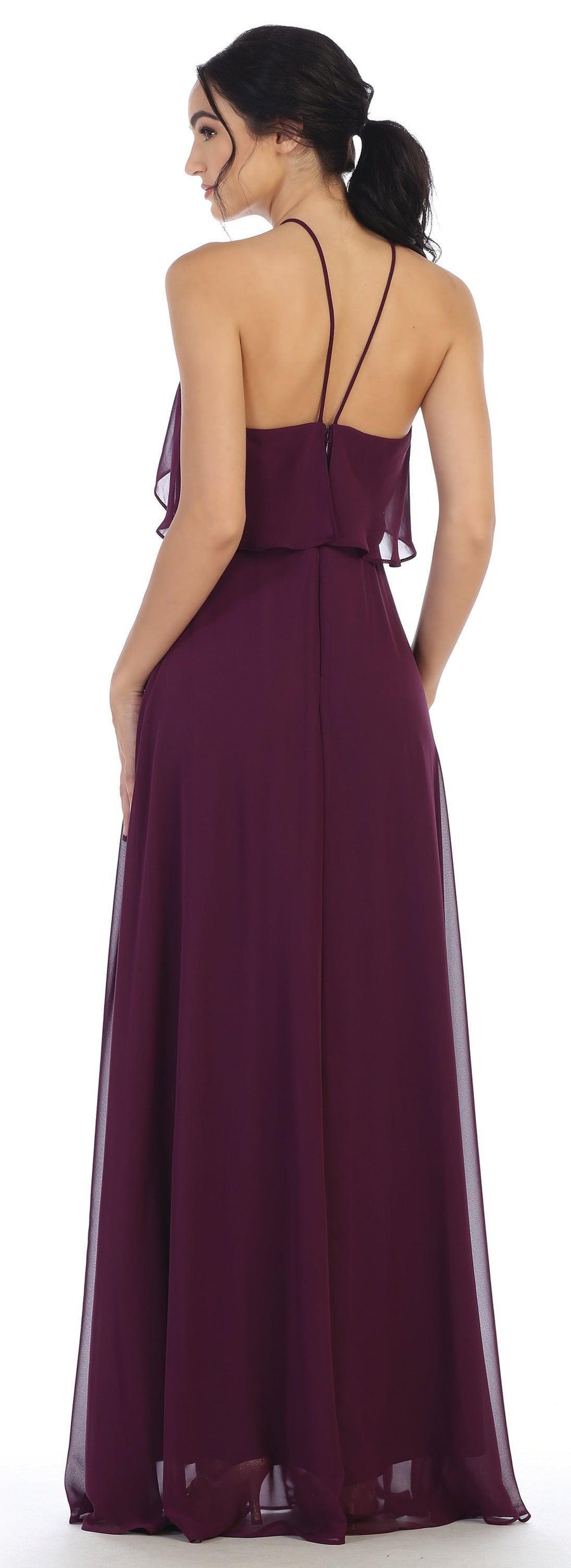 Long Bridesmaids Ruffle Halter Chiffon Dress - The Dress Outlet