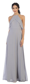 Long Bridesmaids Ruffle Halter Chiffon Dress - The Dress Outlet