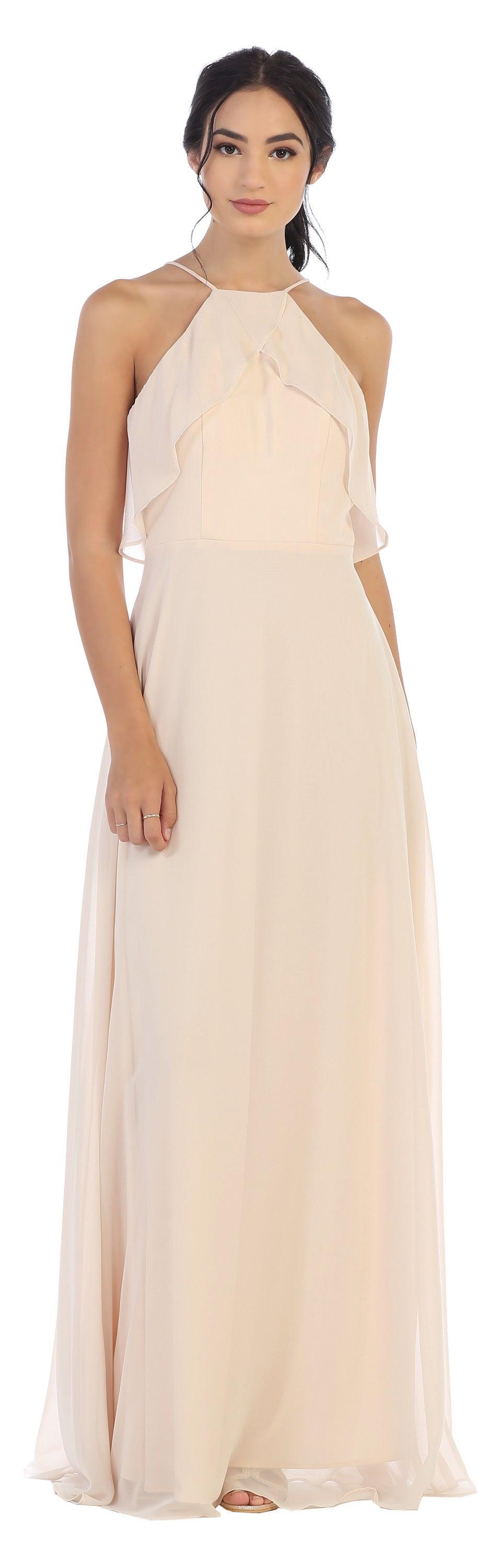 Long Bridesmaids Ruffle Halter Chiffon Dress - The Dress Outlet