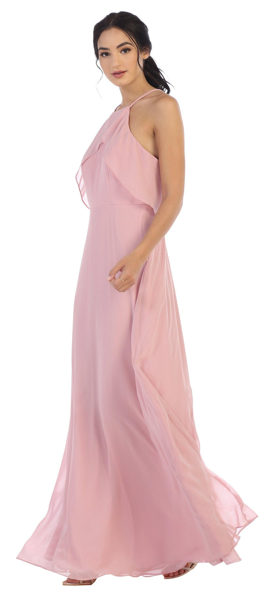 Long Bridesmaids Ruffle Halter Chiffon Dress - The Dress Outlet