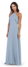 Long Bridesmaids Ruffle Halter Chiffon Dress - The Dress Outlet