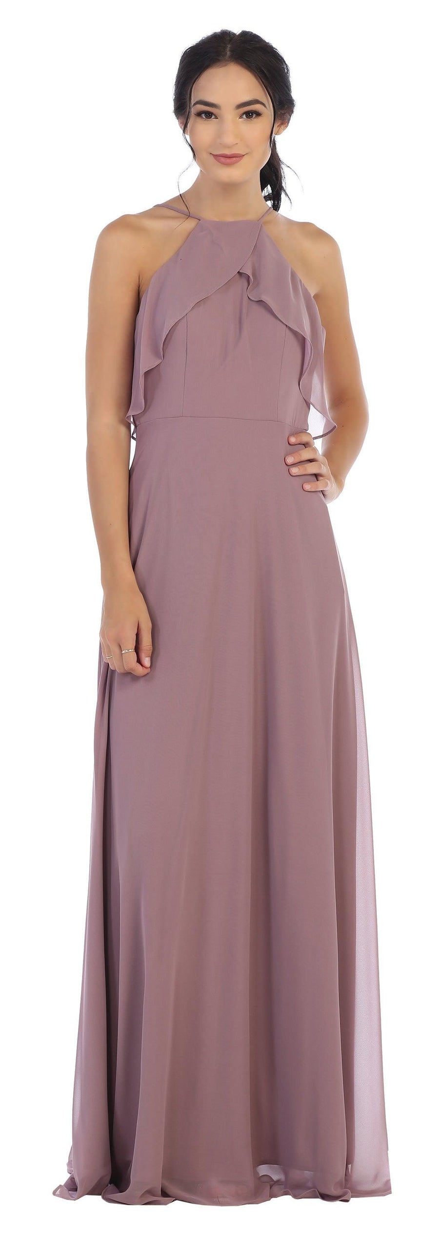 Long Bridesmaids Ruffle Halter Chiffon Dress - The Dress Outlet