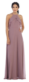 Long Bridesmaids Ruffle Halter Chiffon Dress - The Dress Outlet
