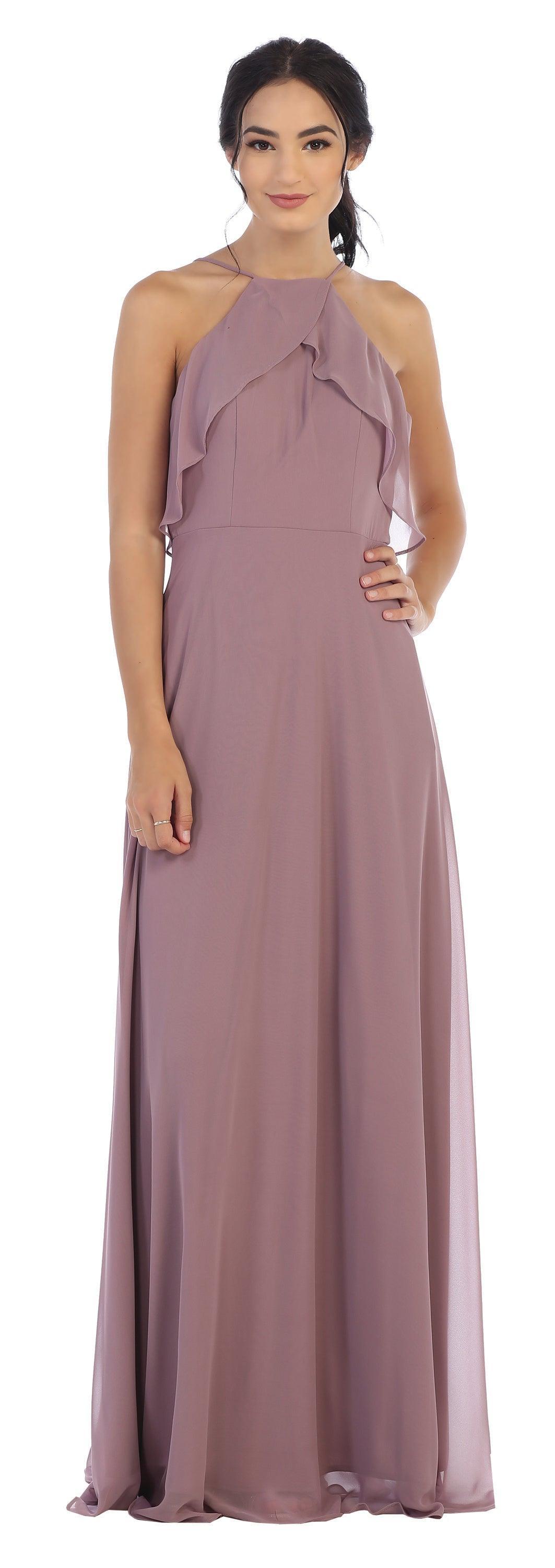 Long Bridesmaids Ruffle Halter Chiffon Dress - The Dress Outlet
