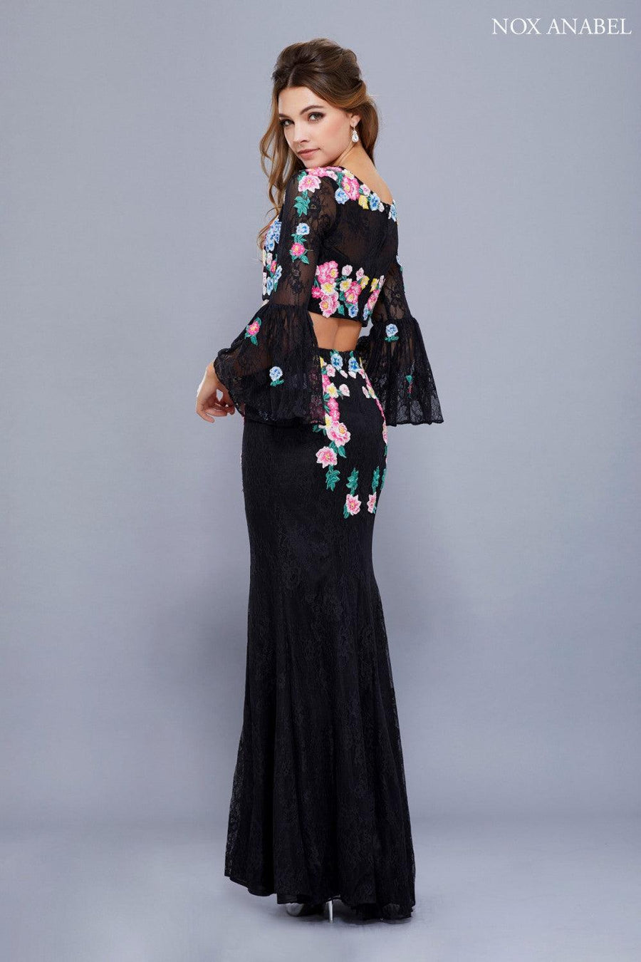 Long Floral Two Piece Bell Sleeve Prom Dress Evening Gown - The Dress Outlet Nox Anabel