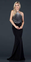 Long Formal Beaded Bodice Halter Evening Prom Dress - The Dress Outlet