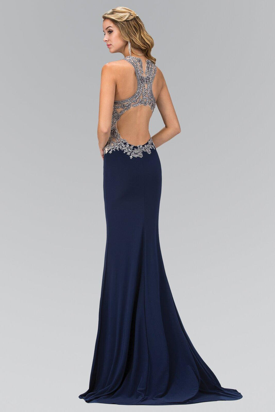 Long Formal Beaded Evening Prom Dress Low Back - The Dress Outlet Elizabeth K