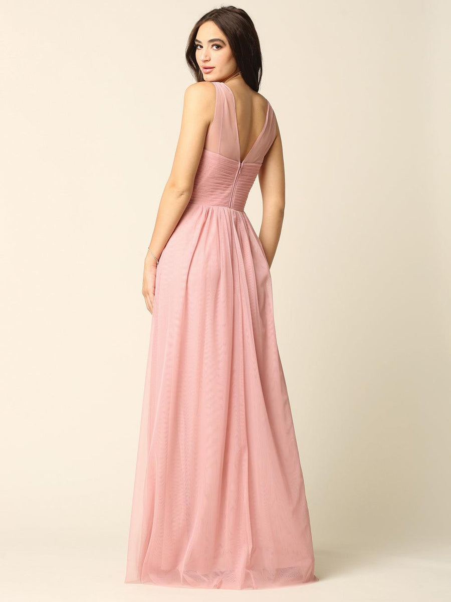 Long Formal Bridesmaids Sleeveless Tulle Dress - The Dress Outlet