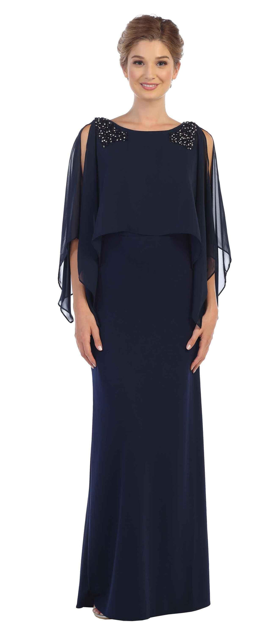 Long Formal Cape Mother of the Bride Chiffon Dress - The Dress Outlet Eva Fashion