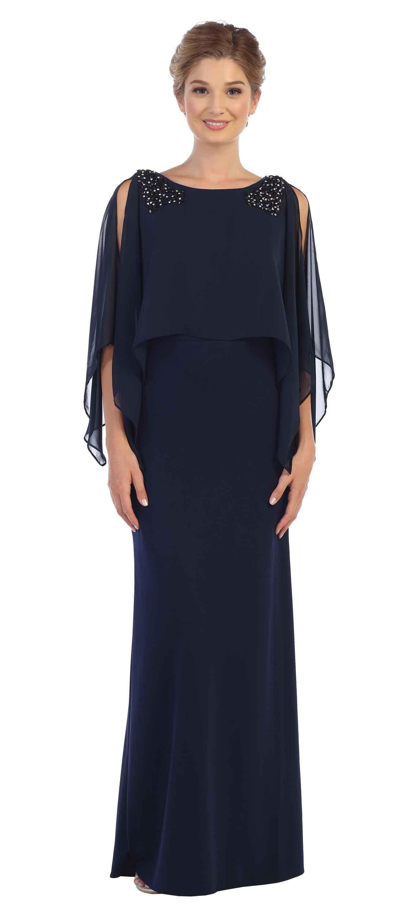 Long Formal Cape Mother of the Bride Chiffon Dress - The Dress Outlet Eva Fashion