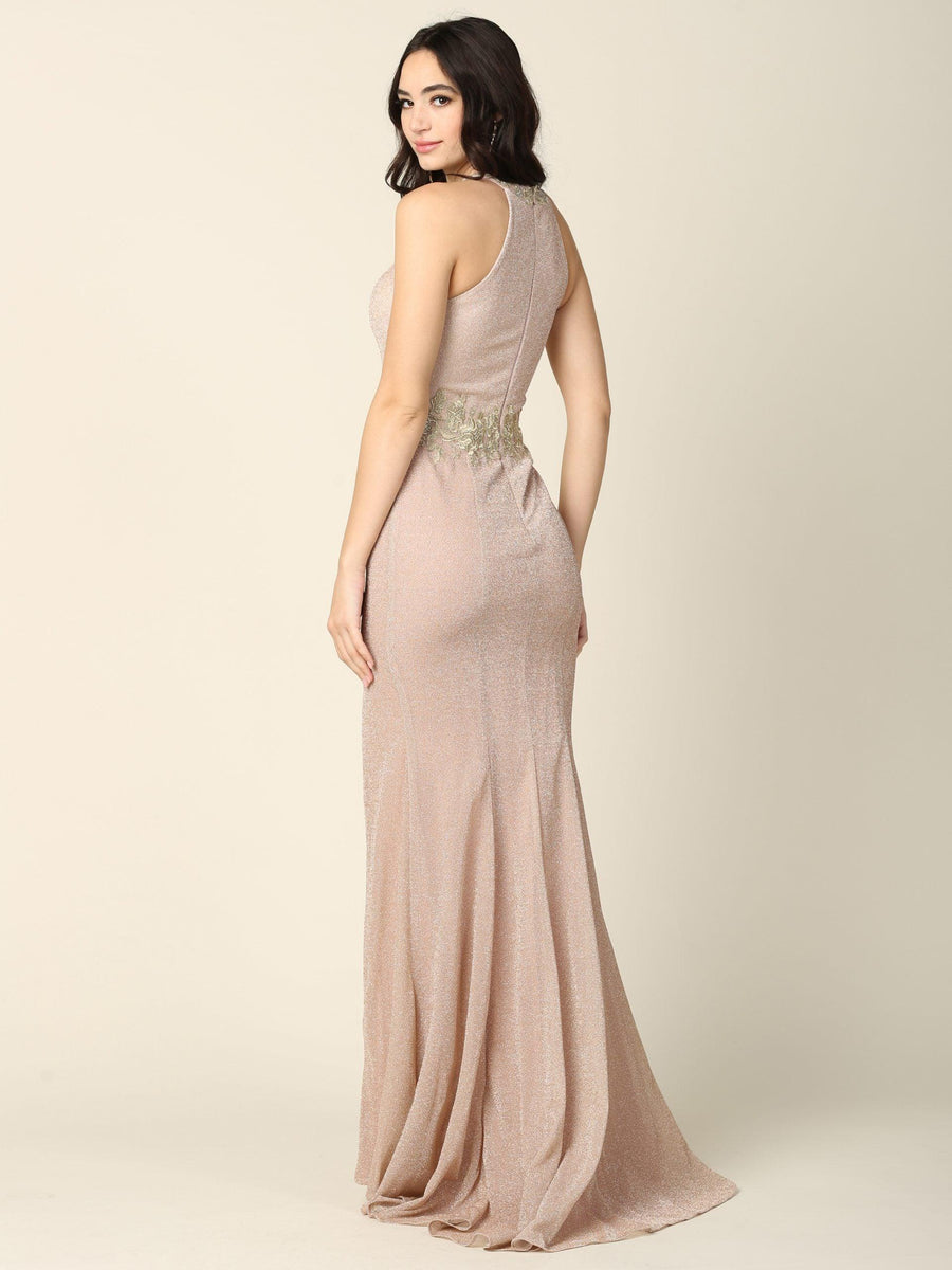 Long Formal Fitted Halter Metallic Prom Dress - The Dress Outlet