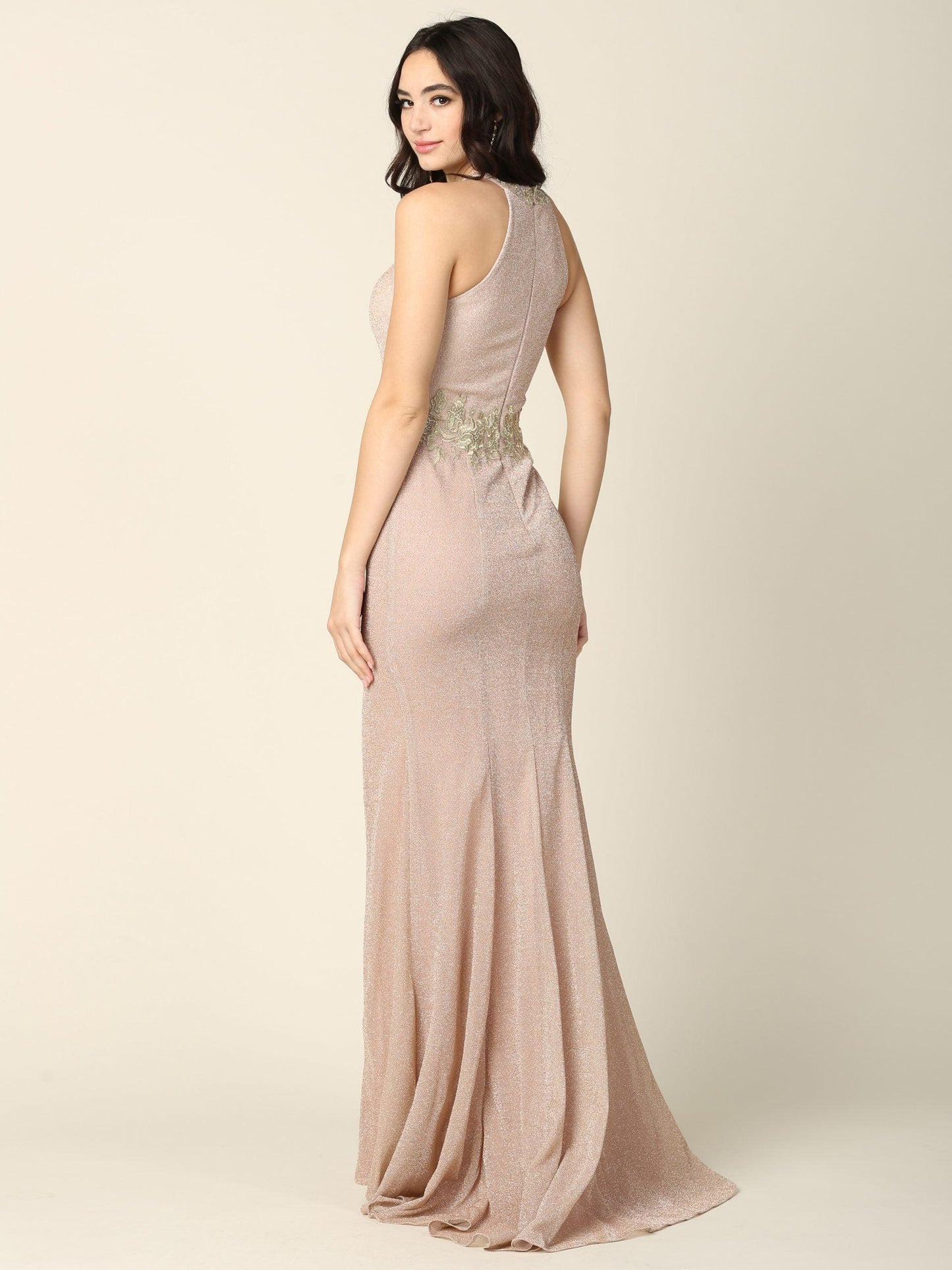 Long Formal Fitted Halter Metallic Prom Dress - The Dress Outlet