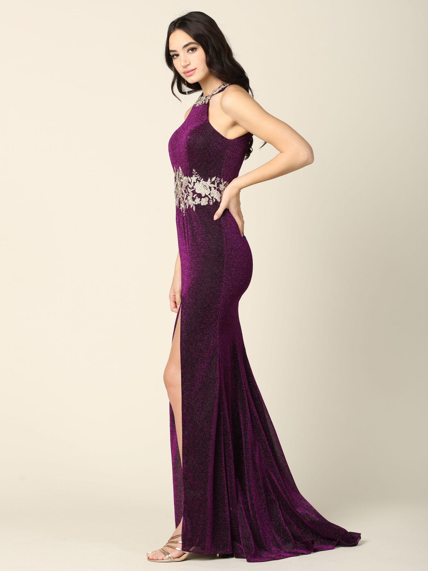 Long Formal Fitted Halter Metallic Prom Dress - The Dress Outlet