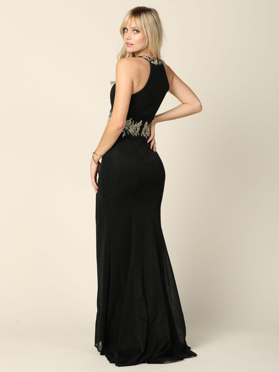 Long Formal Fitted Halter Metallic Prom Dress - The Dress Outlet
