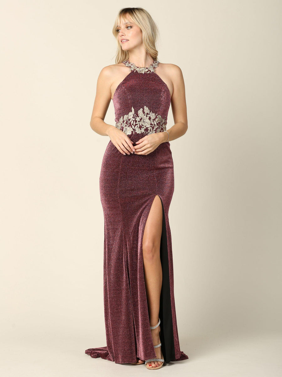 Long Formal Fitted Halter Metallic Prom Dress - The Dress Outlet