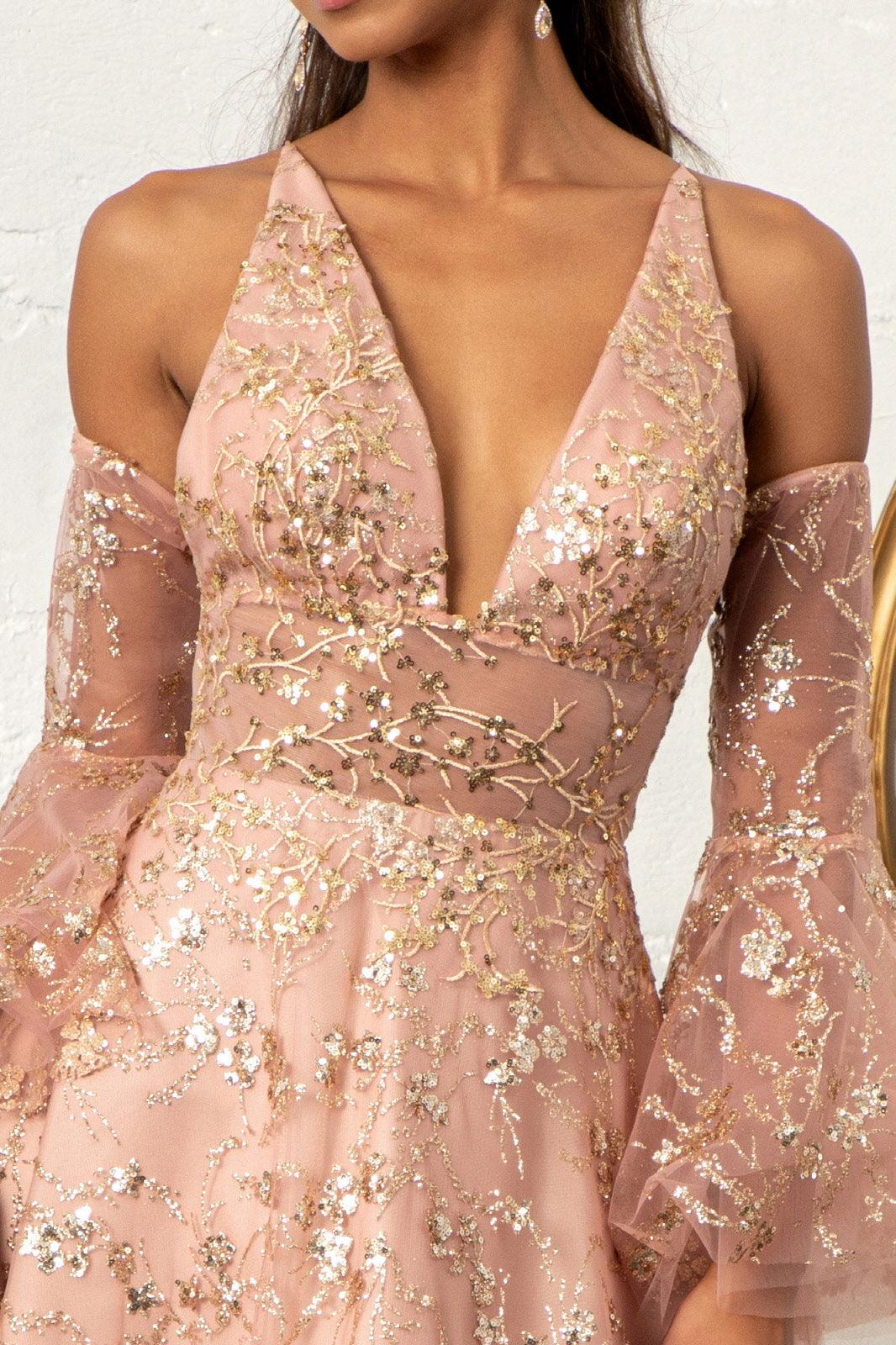 Long Formal Glitter Mesh Prom Dress - The Dress Outlet