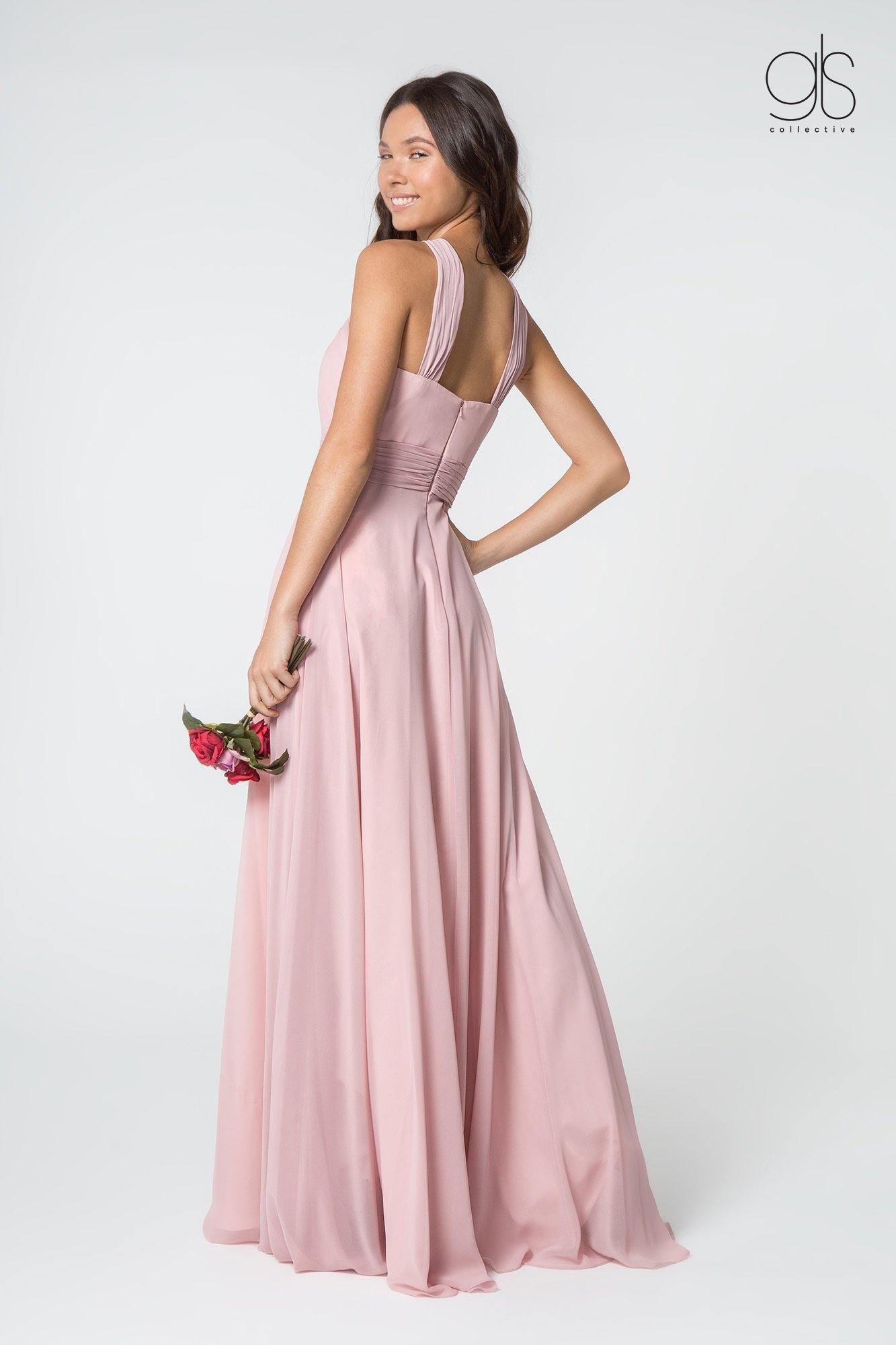 Long Formal Halter Bridesmaids Chiffon Prom Dress - The Dress Outlet Elizabeth K