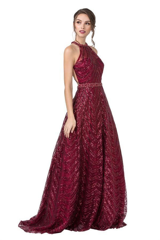 Long Formal Halter Sequins Prom Ball Gown - The Dress Outlet
