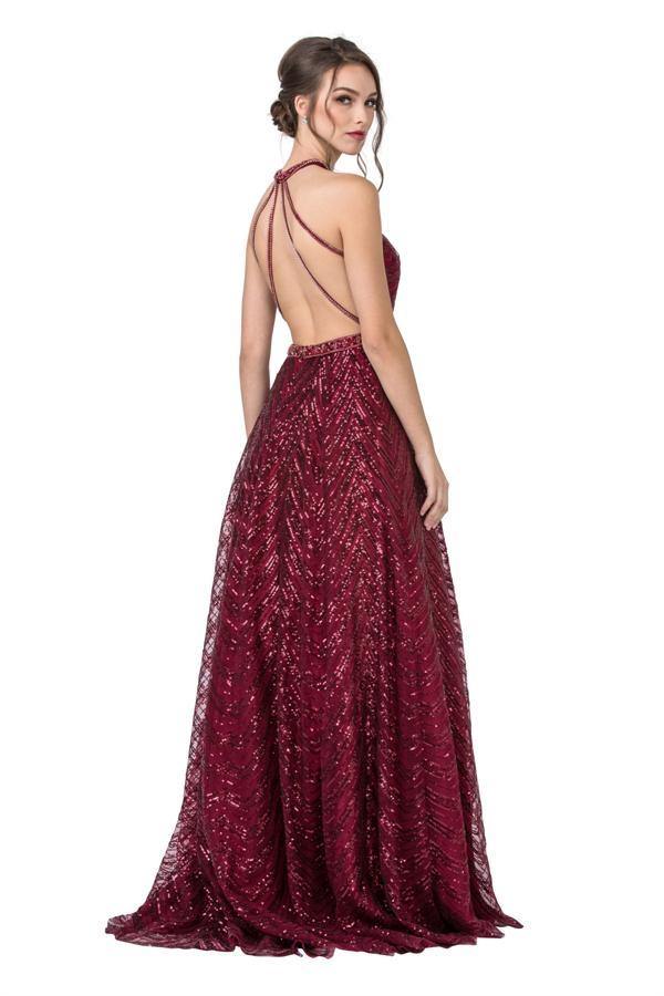 Long Formal Halter Sequins Prom Ball Gown - The Dress Outlet