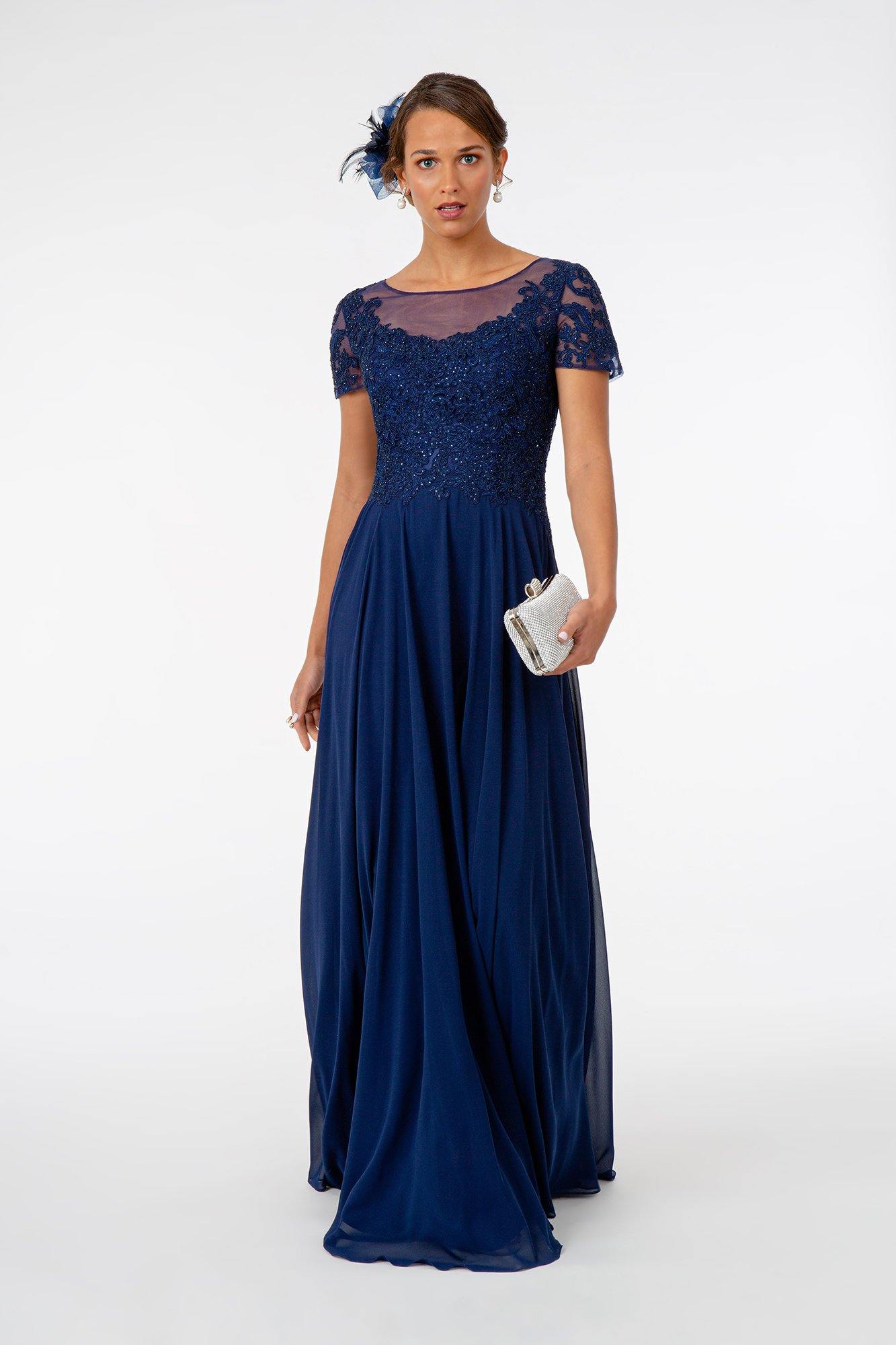 Long Formal Mother of Bride Short Sleeve Chiffon Dress - The Dress Outlet