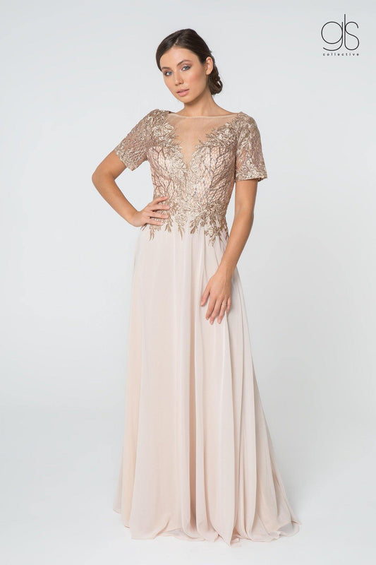 Long Formal Mother of the Bride Metallic Lace Chiffon Dress - The Dress Outlet Elizabeth K