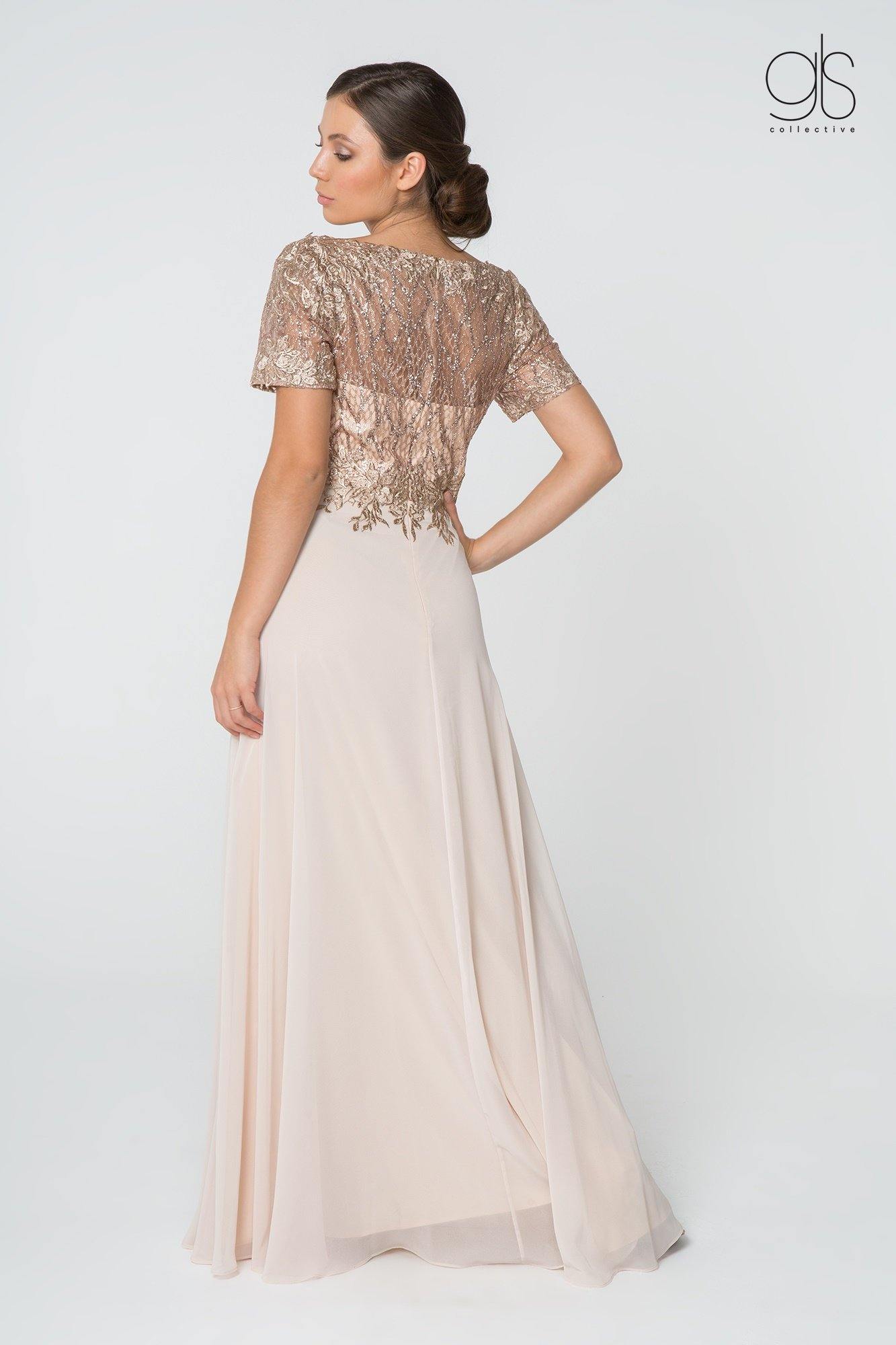 Long Formal Mother of the Bride Metallic Lace Chiffon Dress - The Dress Outlet Elizabeth K