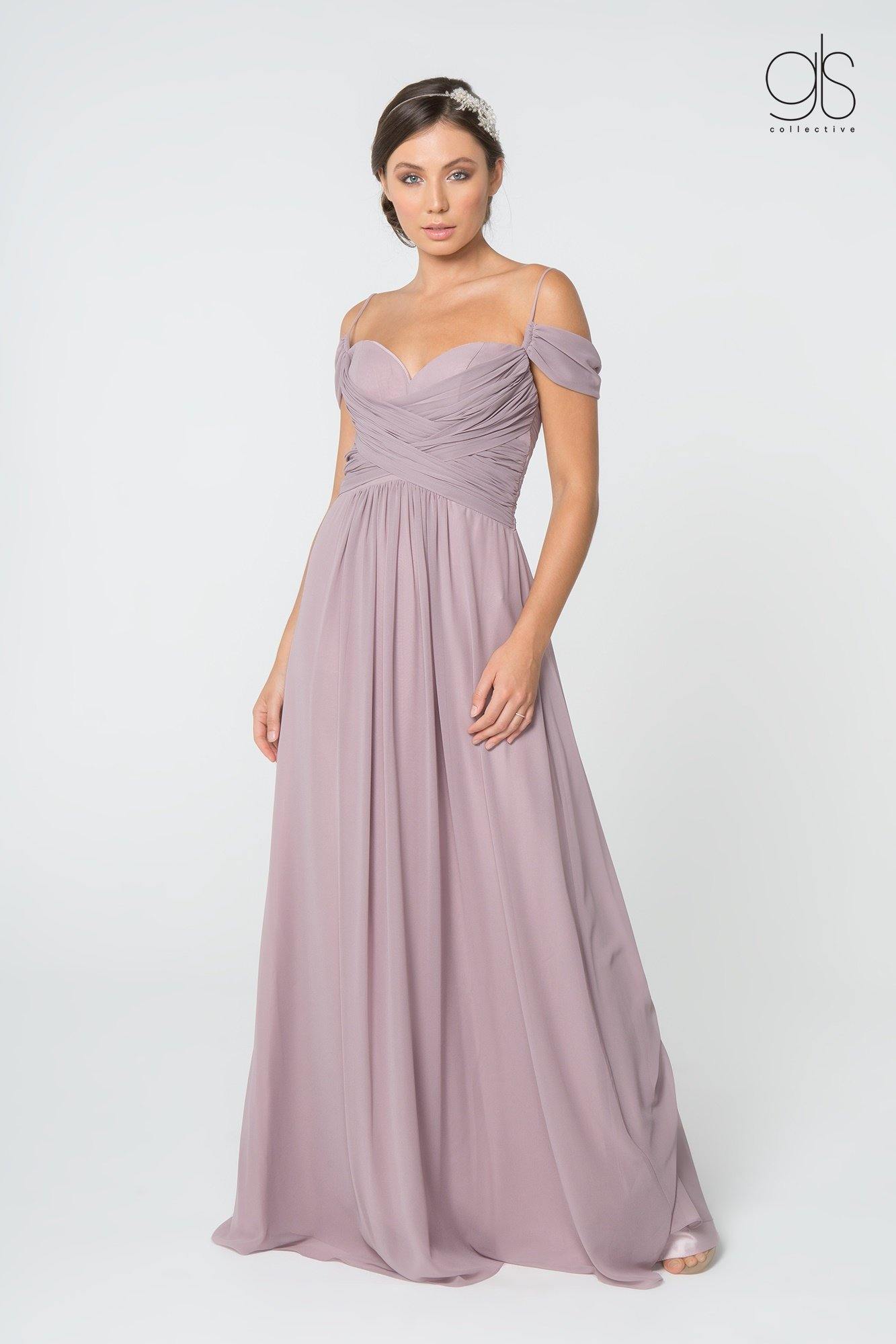 Long Formal Off Shoulder Ruched Chiffon Prom Dress - The Dress Outlet Elizabeth K