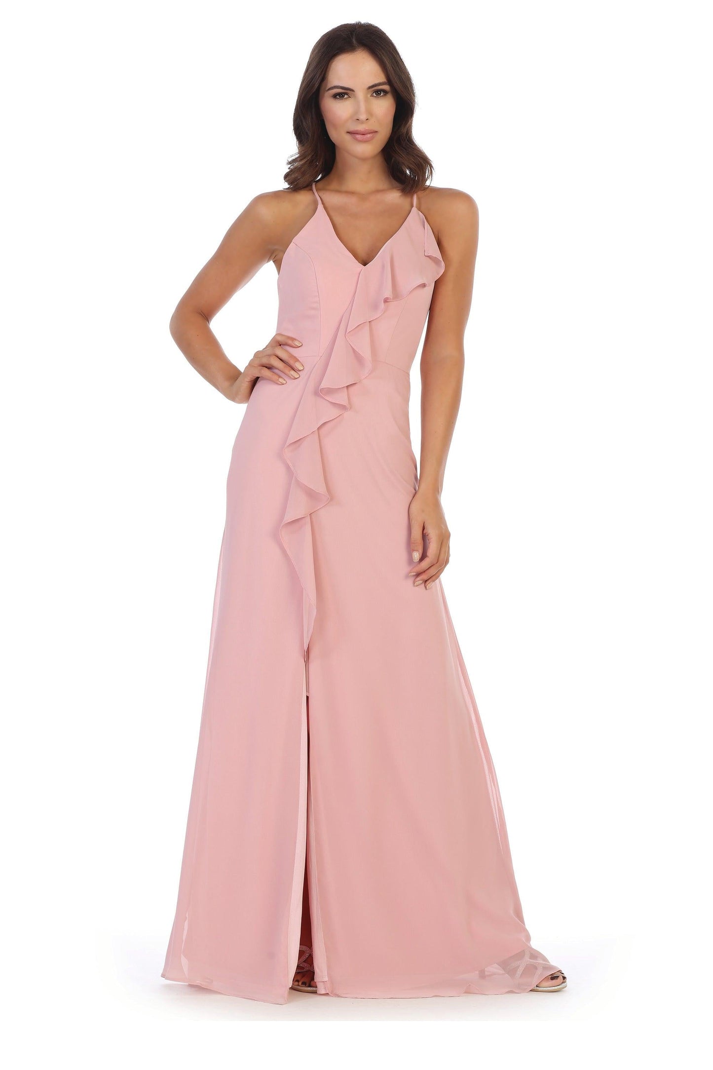 Long Formal Ruffled Chiffon Bridesmaids Dress - The Dress Outlet
