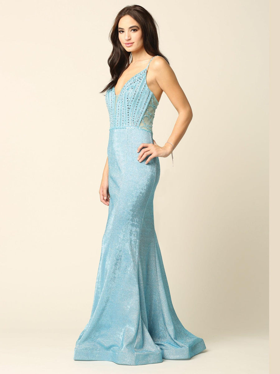 Long Formal Spaghetti Strap Metallic Prom Dress - The Dress Outlet
