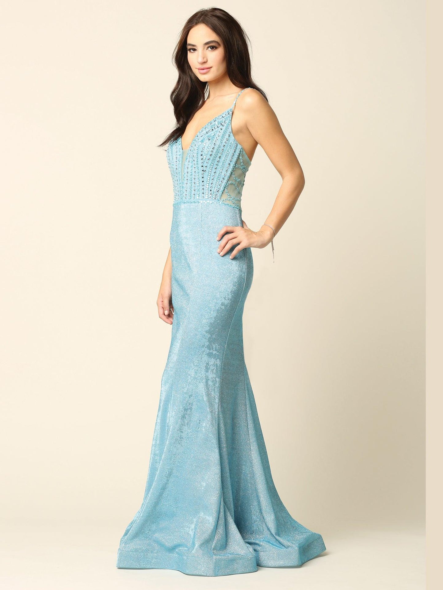 Long Formal Spaghetti Strap Metallic Prom Dress - The Dress Outlet