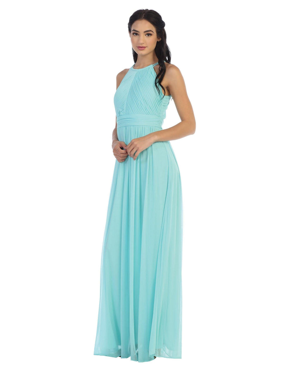 Long Halter Bridesmaid Pleated Dress - The Dress Outlet
