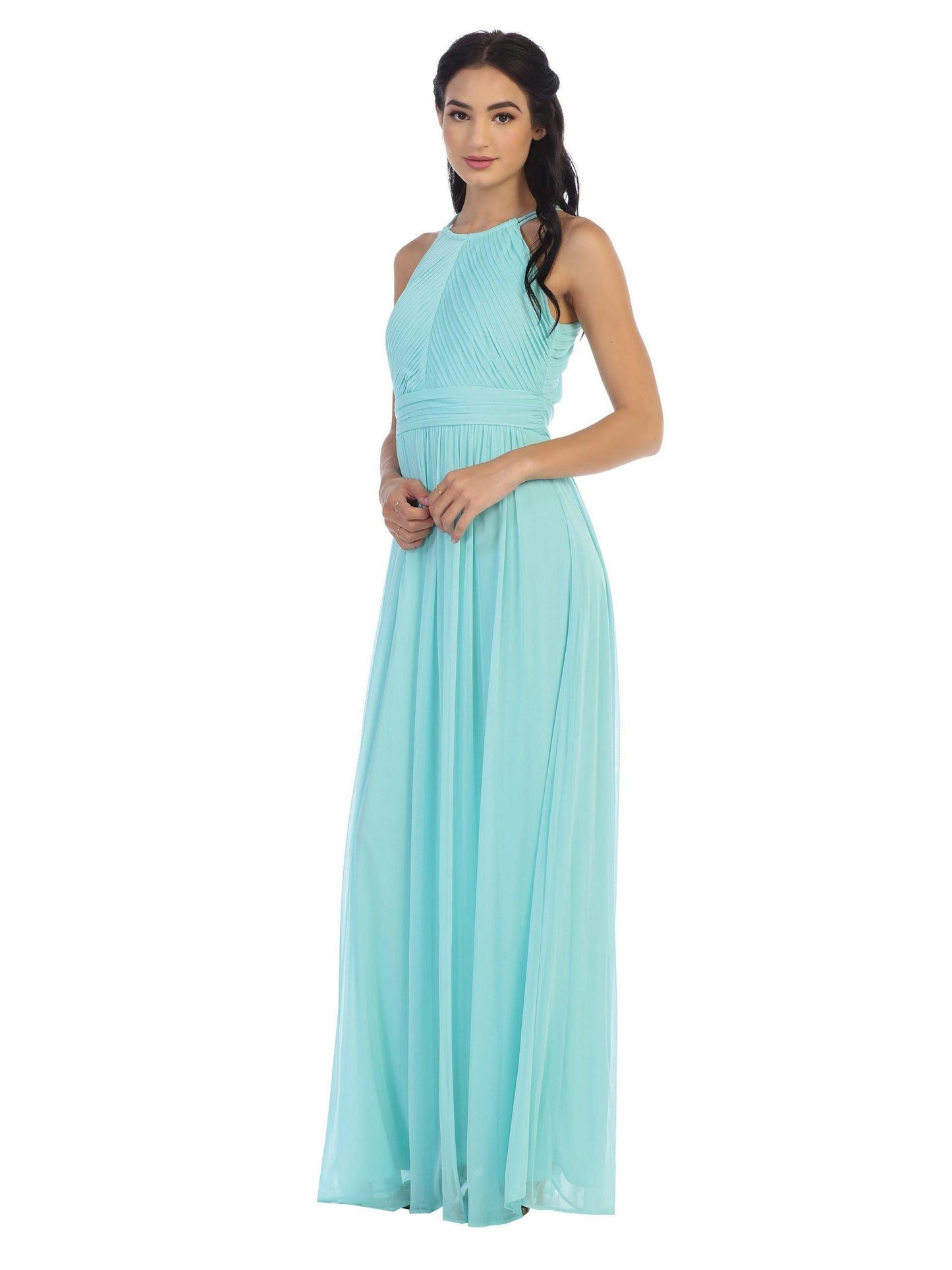 Long Halter Bridesmaid Pleated Dress - The Dress Outlet