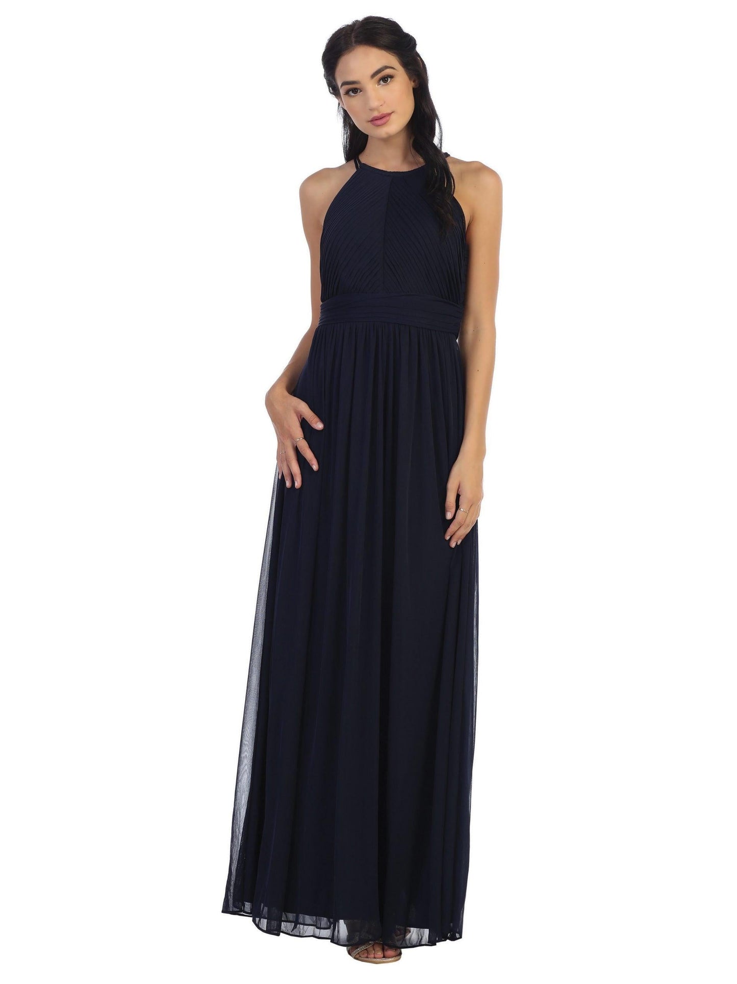 Long Halter Bridesmaid Pleated Dress - The Dress Outlet