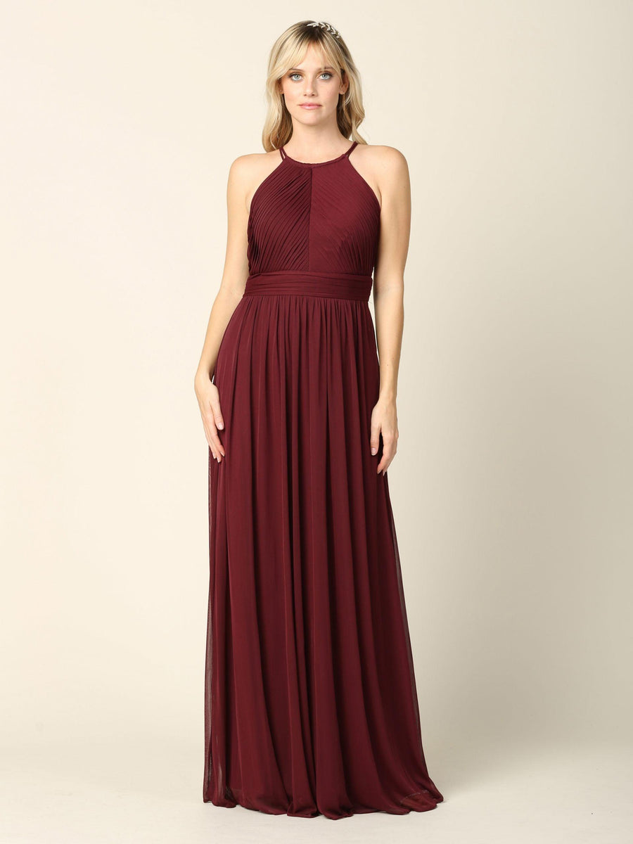 Long Halter Bridesmaid Pleated Dress - The Dress Outlet