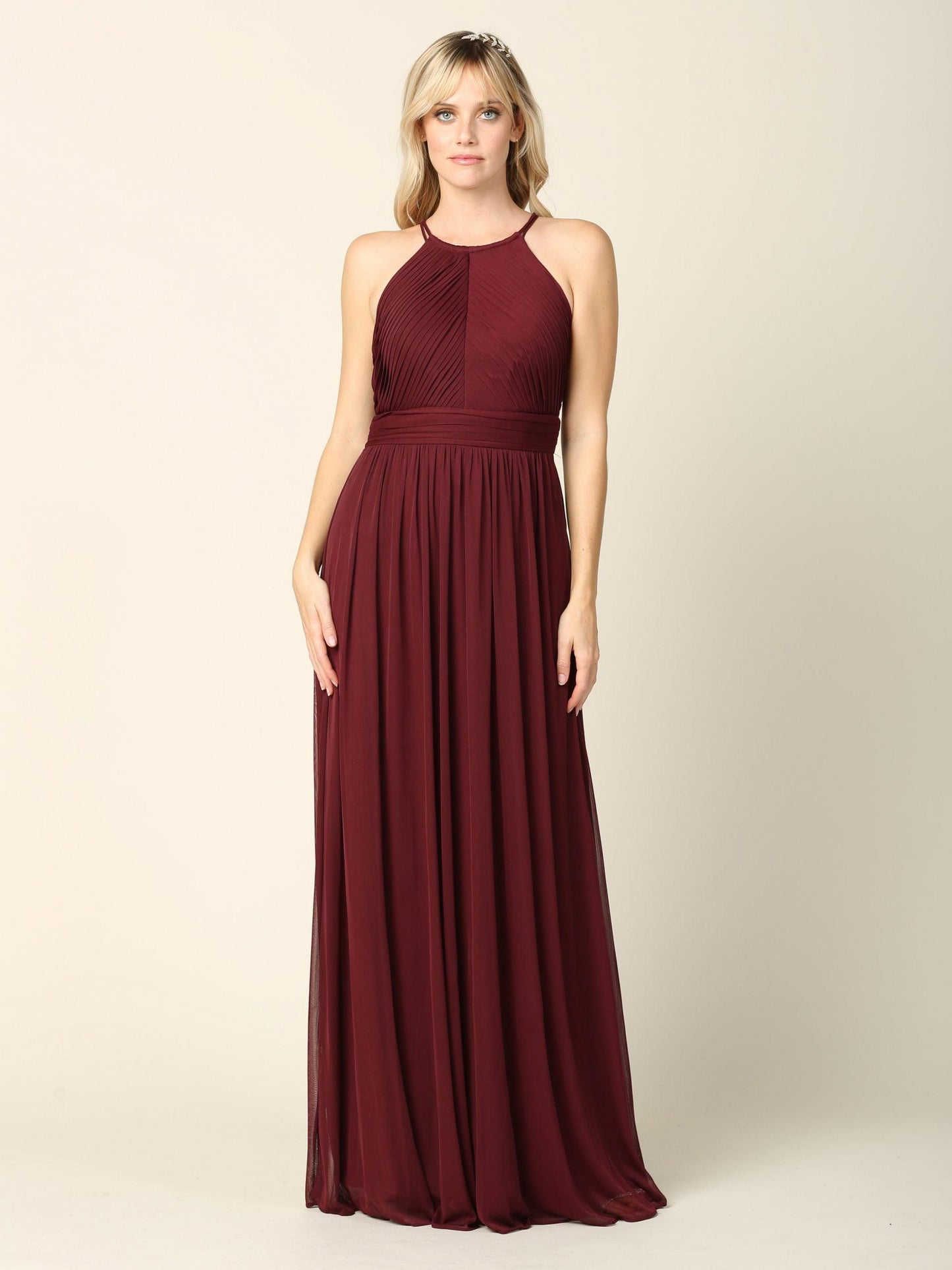 Long Halter Bridesmaid Pleated Dress - The Dress Outlet