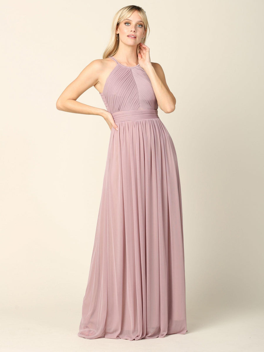 Long Halter Bridesmaid Pleated Dress - The Dress Outlet