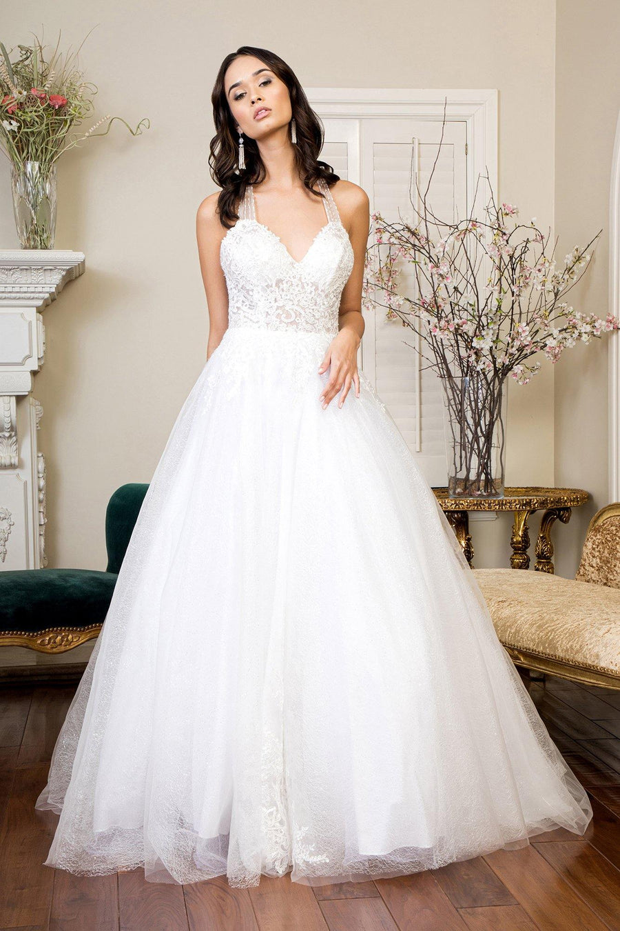 Long Halter Embroidered Glitter Mesh Wedding Gown - The Dress Outlet