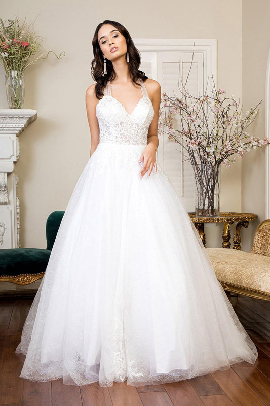 Long Halter Embroidered Glitter Mesh Wedding Gown - The Dress Outlet