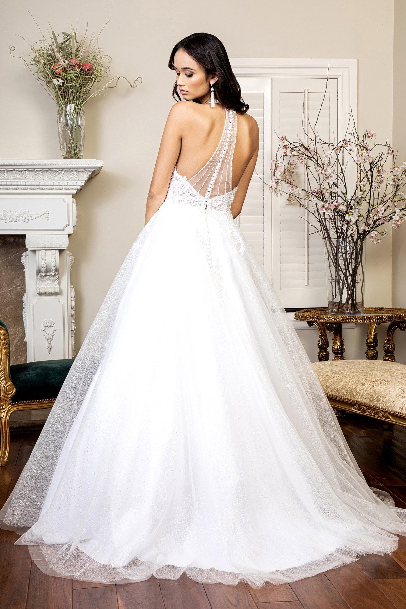 Long Halter Embroidered Glitter Mesh Wedding Gown - The Dress Outlet