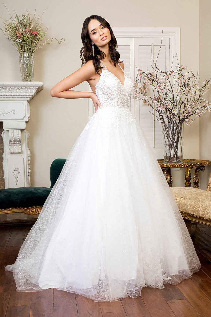 Long Halter Embroidered Glitter Mesh Wedding Gown - The Dress Outlet