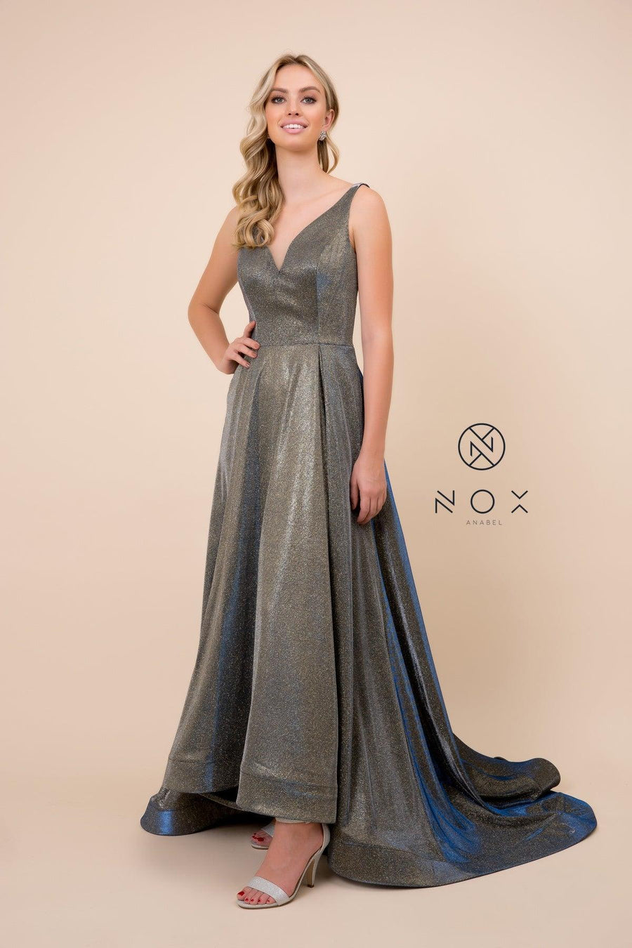 Long Metallic Prom Dress Evening Gown with Pockets - The Dress Outlet Nox Anabel