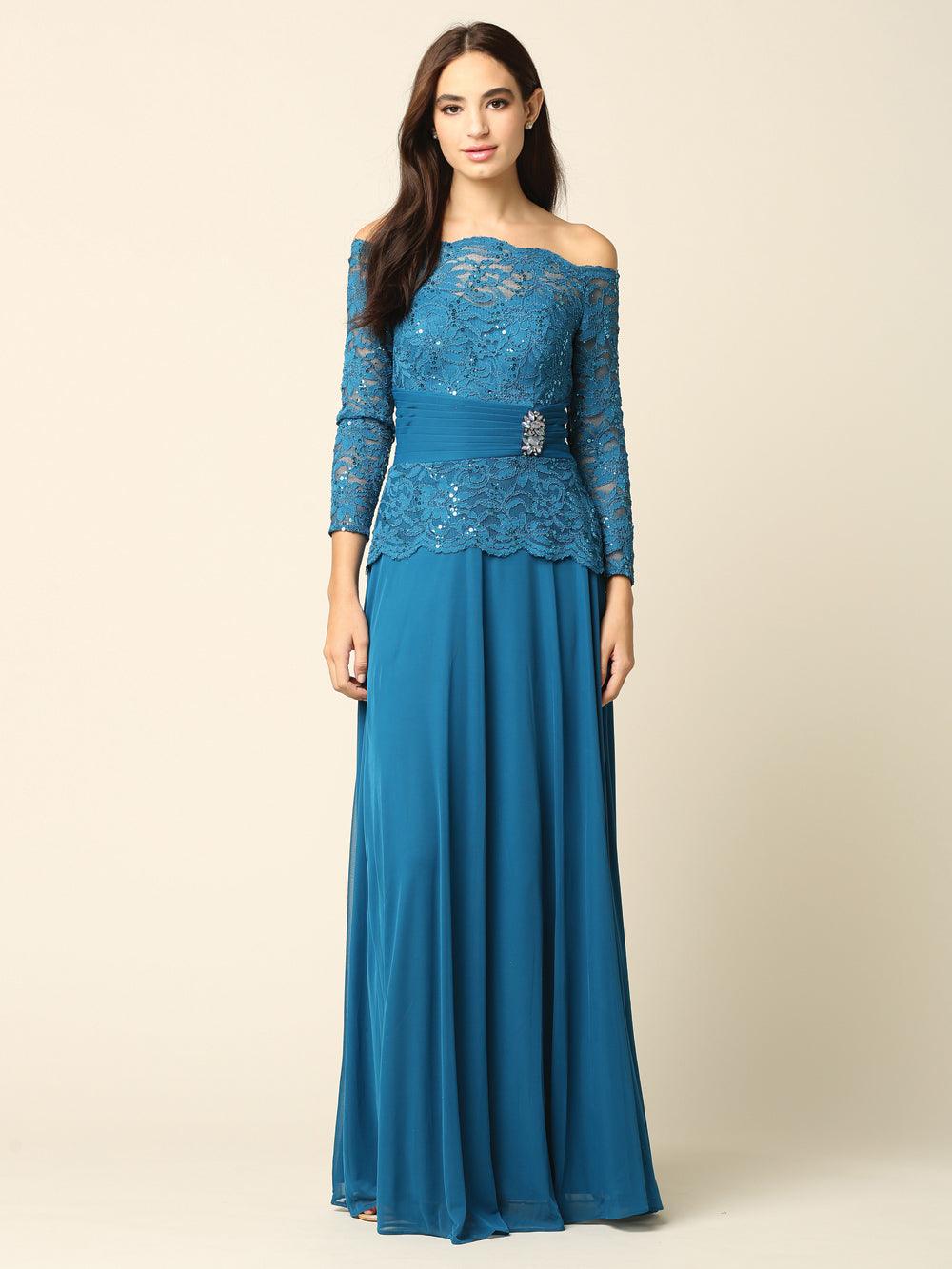 Long Mother of the Bride Off Shoulder Formal Dress - The Dress Outlet