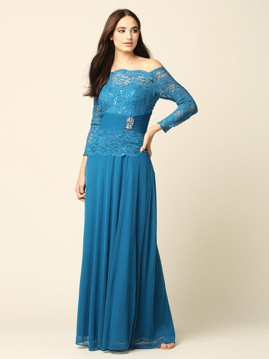 Long Mother of the Bride Off Shoulder Formal Dress - The Dress Outlet