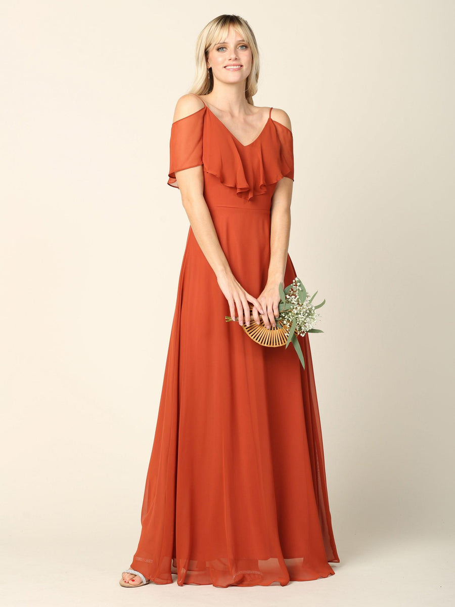 Long Off Shoulder Formal Bridesmaids Chiffon Dress - The Dress Outlet