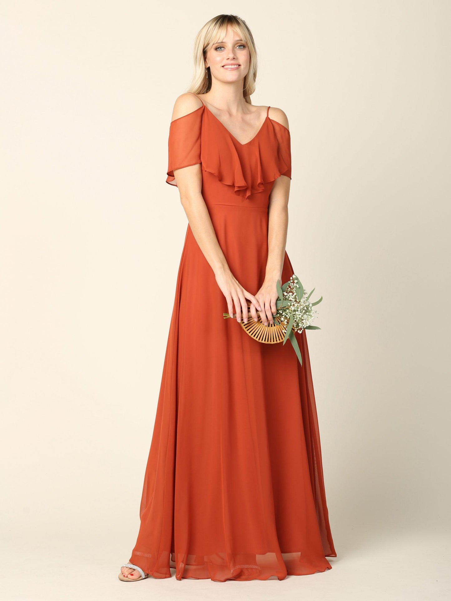 Long Off Shoulder Formal Bridesmaids Chiffon Dress - The Dress Outlet